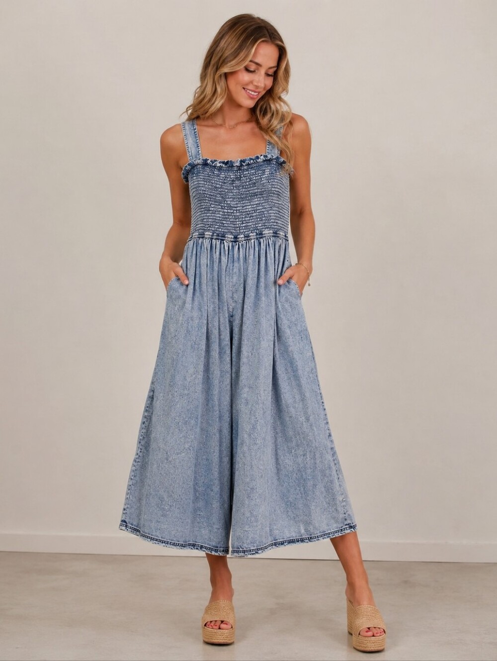 Oh Jeans NWT Acid Wash Smocked Wide Leg Cropped Jumpsuit Large